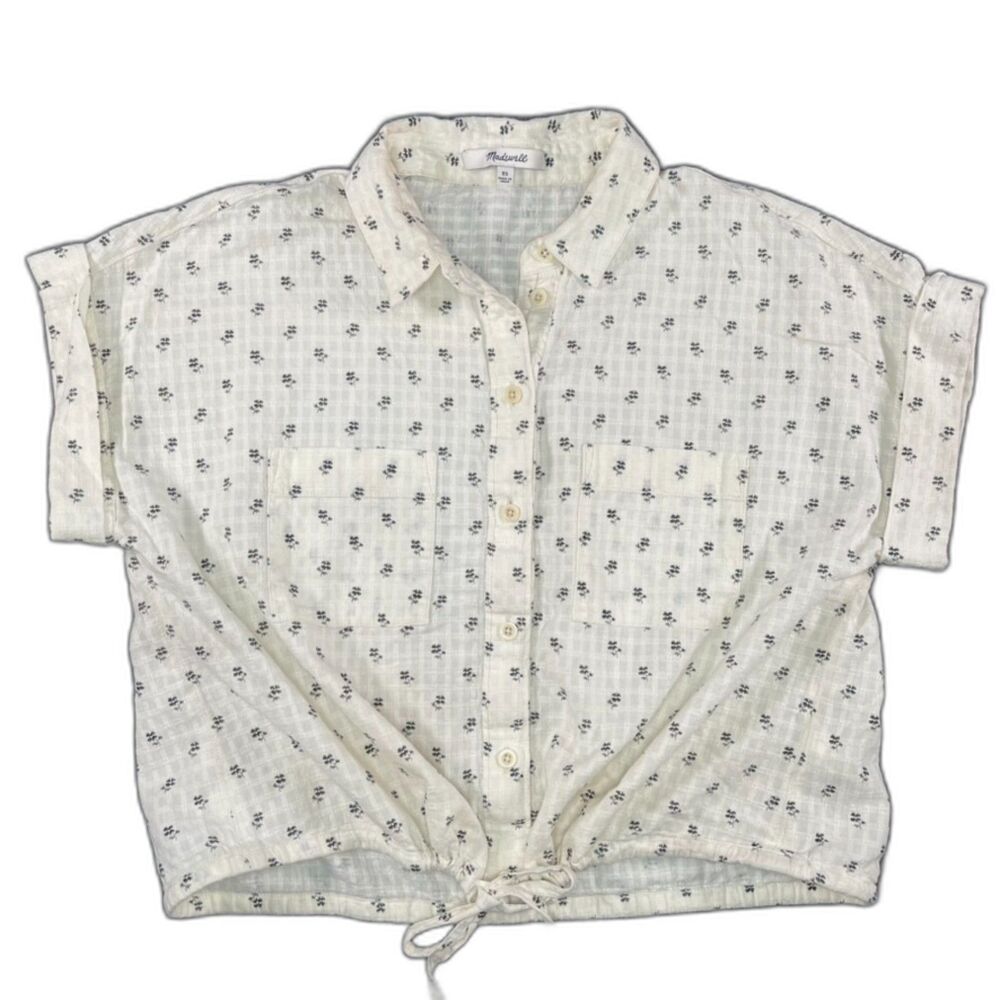 Madewell sz XS Lighthouse Print Drawstring Crop Button UpTop Cotton Ivory Boho